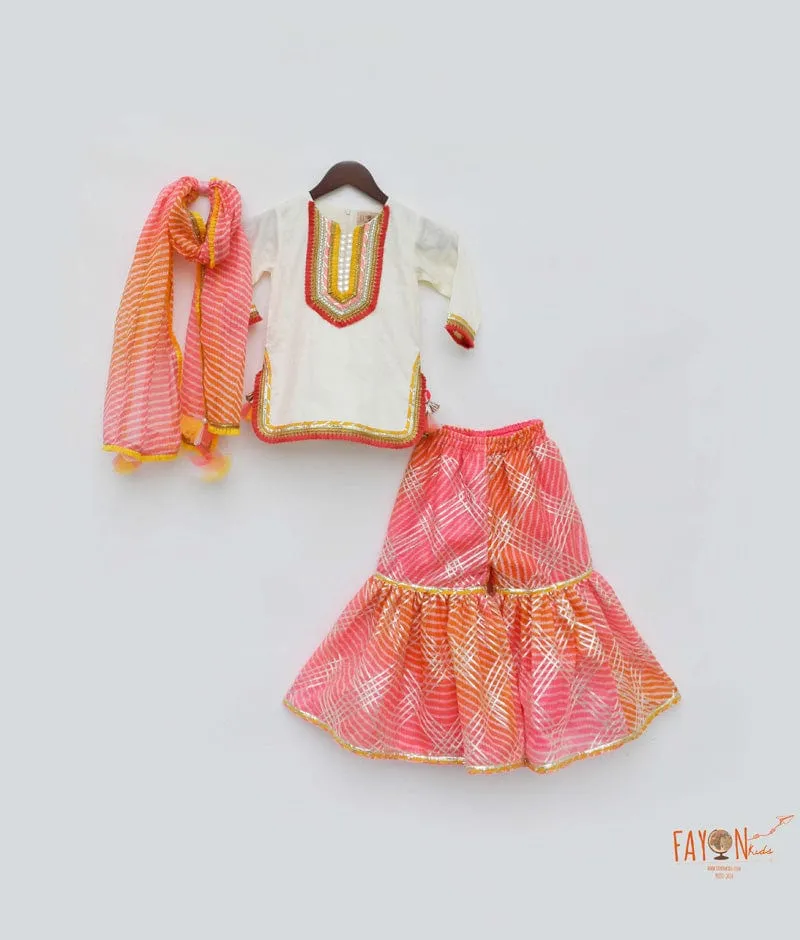 Off white Cotton Silk Pink Kotta Print Sharara with Kurti Printed Kotta Dupatta for Girls