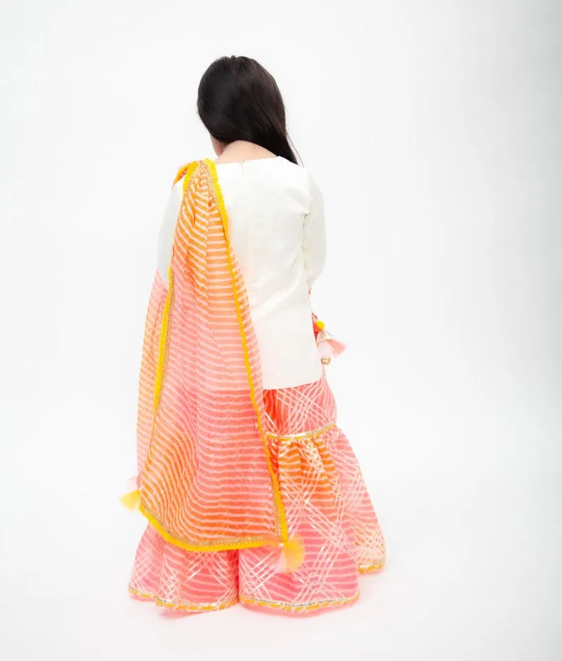 Off white Cotton Silk Pink Kotta Print Sharara with Kurti Printed Kotta Dupatta for Girls