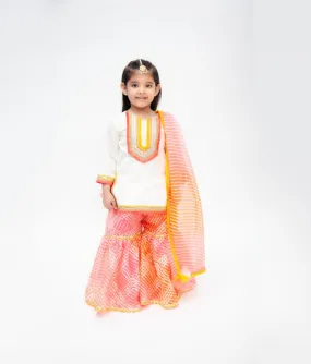 Off white Cotton Silk Pink Kotta Print Sharara with Kurti Printed Kotta Dupatta for Girls